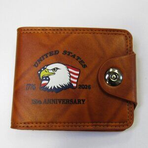 Men's Patriotic Brown Leather Wallet Eagle 250th Anniversary 1776-2026 NEW